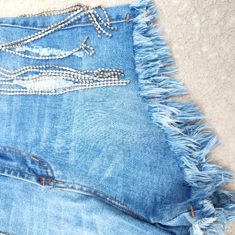 High waisted distressed rhinestone fringe jean shorts - Picture 11 of 16